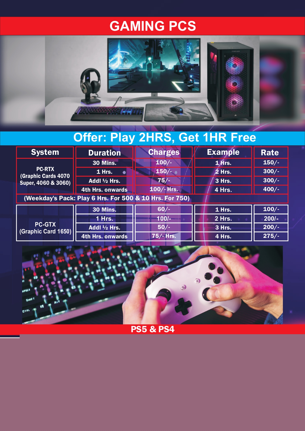 gaming zone pricing list